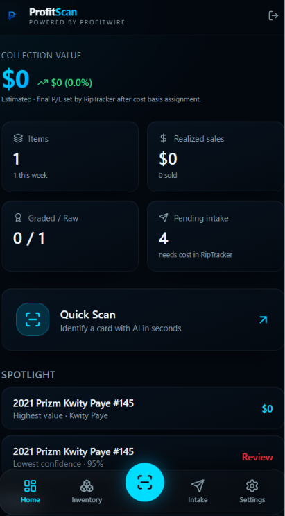 ProfitScan scanner screenshot — collection value, items, realized sales, and quick scan