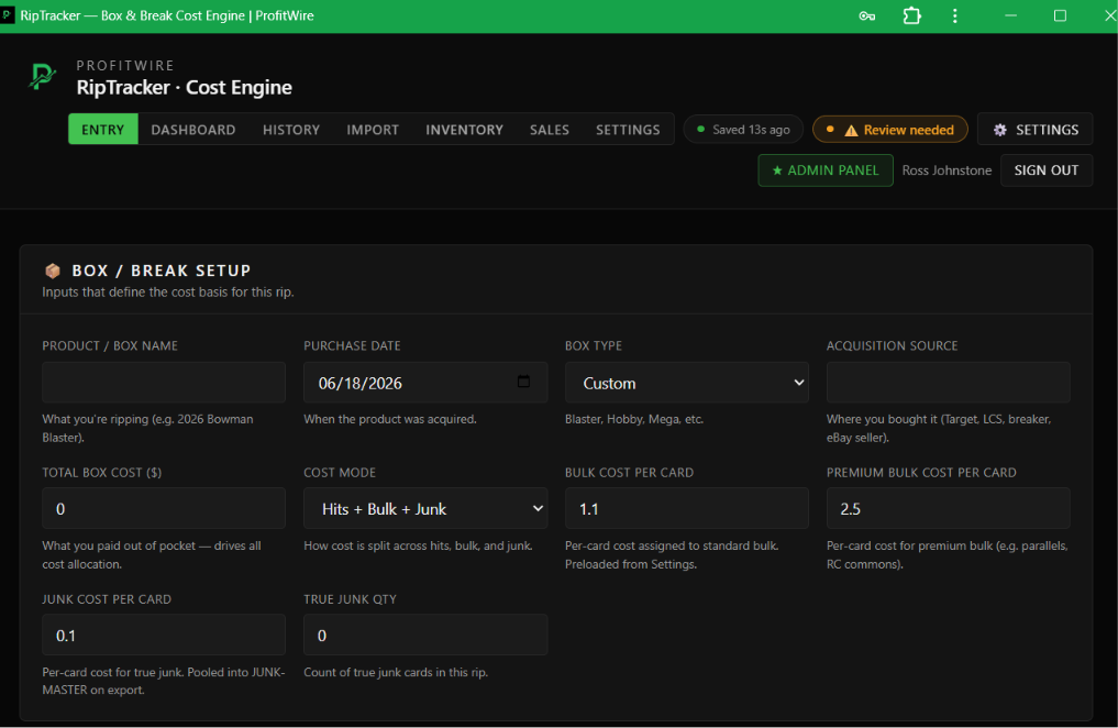 RipTracker cost allocation screenshot — box and break setup with per-card cost allocation